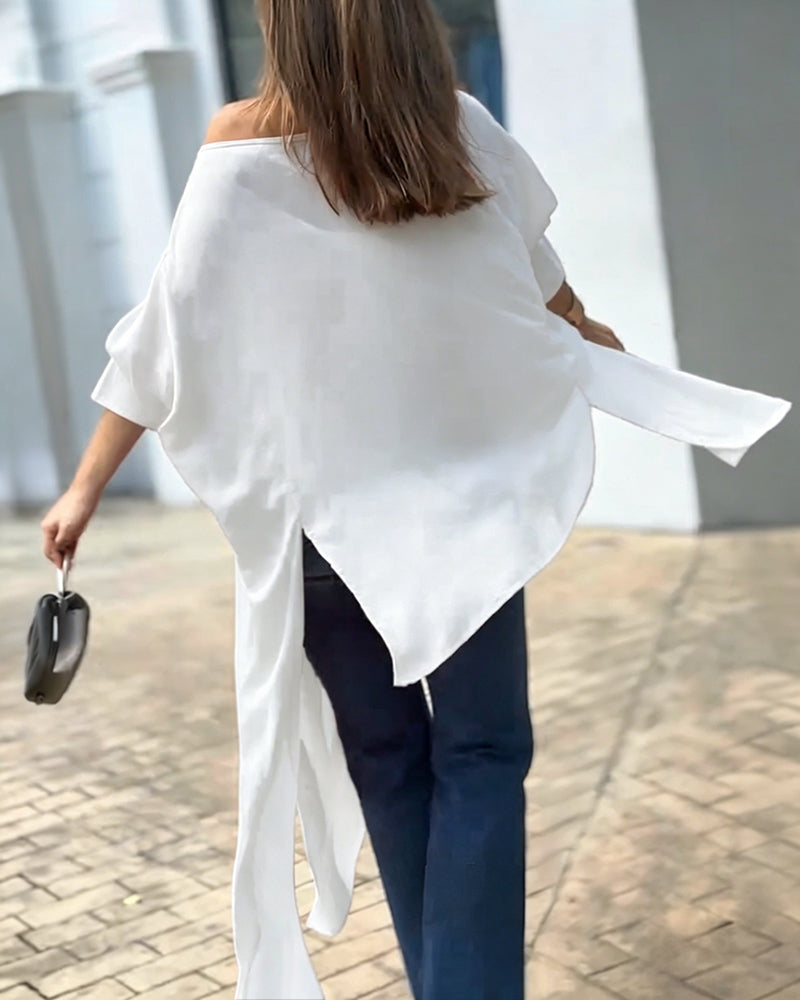 Women's Skew Neck Batwing Sleeve Tee Asymmetric Loose Cape Blouse Slit Elegant Top
